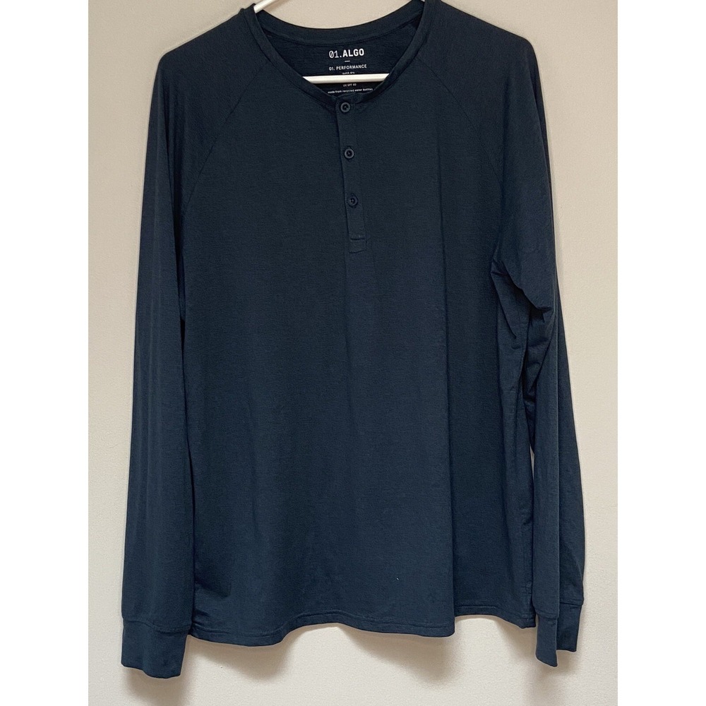 01.Algo Perfomance Mens Henley Blue Long Sleeve Wicking Anti Odor UV 40 Large